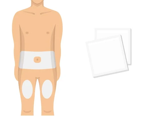 Illustration of a male torso with two white adhesive patches applied on the abdominal area and two patches on the thighs, plus two separate white patches
