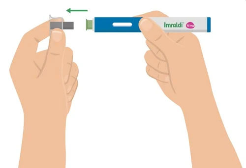 Two hands separating the protective cap from the blue and white Imraldi injector device indicated by a green arrow pointing to the left