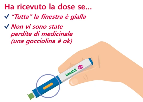Text stating 'You have received the dose if the entire window is yellow and there is no medication leakage,' with a hand holding the