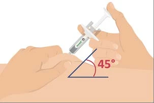 A hand holding a syringe tilted at 45 degrees while