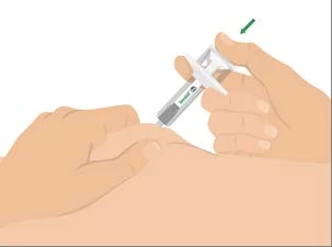 Two hands using a medical auto-injector device on the upper arm with a green arrow indicating the direction of pressure
