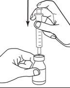 Una mano tiene un flaconcino mentre l'altra spinge lo stantuffo di una siringa per aspirare il liquido indicato da una freccia verso il basso