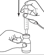 Una mano tiene una siringa con l'ago rivolto verso il basso per aspirare il liquido da un flaconcino di vetro tenuto dall'altra mano