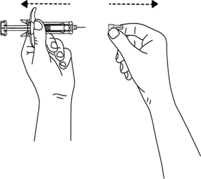 Dibujo técnico que muestra dos manos moviendo una jeringa horizontalmente hacia adelante y hacia atrás indicado por flechas punteadas negras