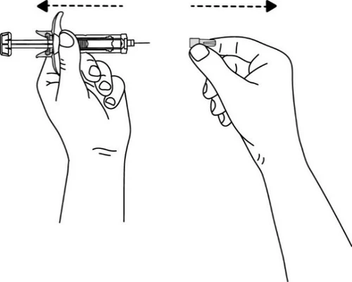 Dibujo técnico que muestra dos manos moviendo horizontalmente una jeringa y su tapón en direcciones opuestas indicadas por flechas punteadas