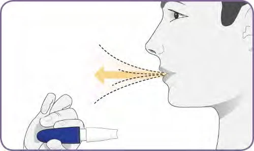 Profile of a man exhaling air from his mouth toward a yellow arrow, while a hand holds a blue and white medical inhaler
