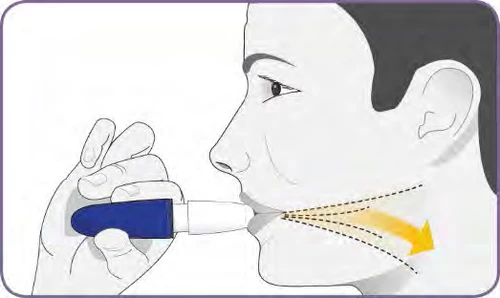 Illustration of a person holding an inhaler in the mouth, with a yellow arrow indicating the drug flow toward the throat