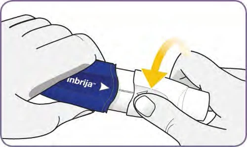 Two hands holding a white and blue medical device, with a curved yellow arrow indicating a downward rotating motion