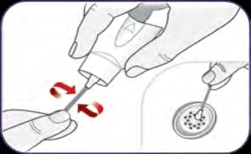 A hand operating a medical device to insert a needle into a circular holder, with red arrows indicating a rotational movement
