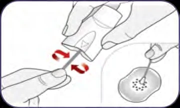 Technical drawing showing a hand rotating a medical device above a