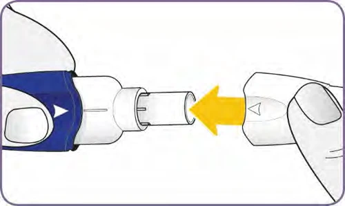 Two hands assembling two parts of a white medical device, with a yellow arrow indicating the joining motion