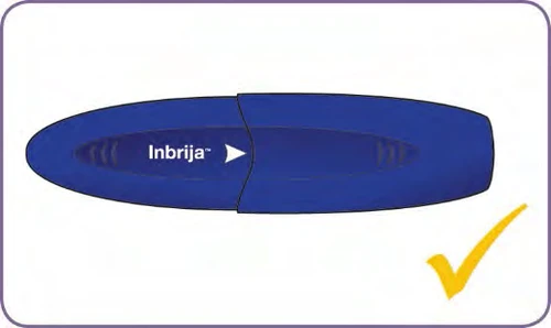 Oval-shaped blue medical device with the word Inbrija and a yellow checkmark in the bottom right corner on a white background