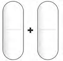 Two elongated white capsules with a horizontal score line in the center, separated by a black plus sign in the middle
