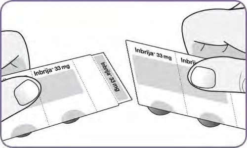 Two hands holding and separating two white rectangular packages of Inbrija 33 mg medication with gray labels and black text