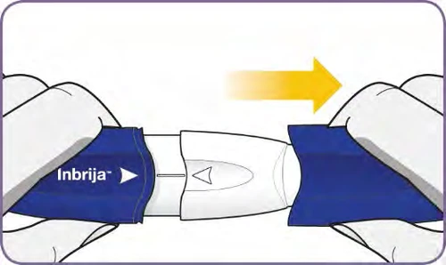 Two hands grasping the blue ends of a white and blue medical device to separate the two halves apart