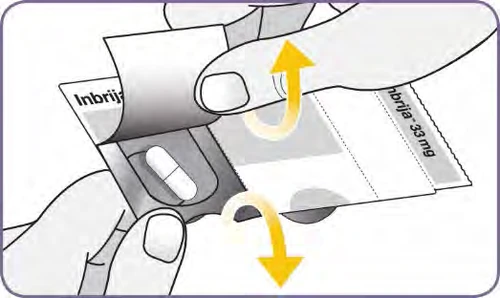 Two hands separating a blister of Inbrija medication from a paper packaging, with yellow arrows indicating the opening motion