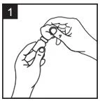 Two hands holding and rotating a glass vial to open or prepare it, with the number 1 in a black box in the upper left corner