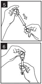 Technical illustration in two stages showing two hands gripping a syringe to aspirate or expel liquid via the plunger