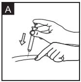 Black and white drawing of two hands holding a syringe inserting it under the skin of the arm with an arrow indicating downward movement