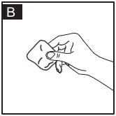 Black and white drawing of a hand holding a small square object or swab with fingers against a white background, with the letter B in the upper left corner