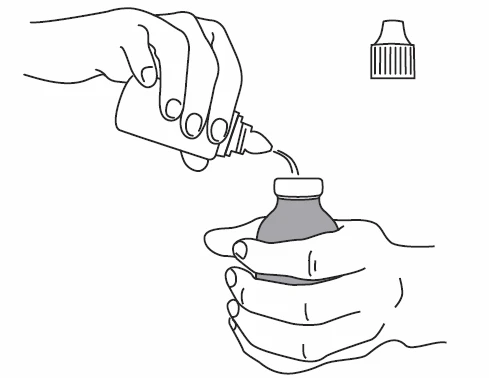 Dibujo en blanco y negro que muestra dos manos vertiendo un líquido desde un frasco con pico vertedor hacia otro recipiente abierto con la tapa al lado
