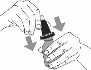 Dibujo en blanco y negro que muestra dos manos girando un dispositivo médico con flechas grises que indican el movimiento de rotación