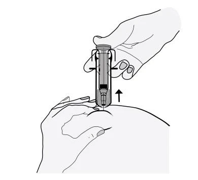 A hand holds an injection pen vertically above the skin of the arm with a black arrow pointing downward toward the