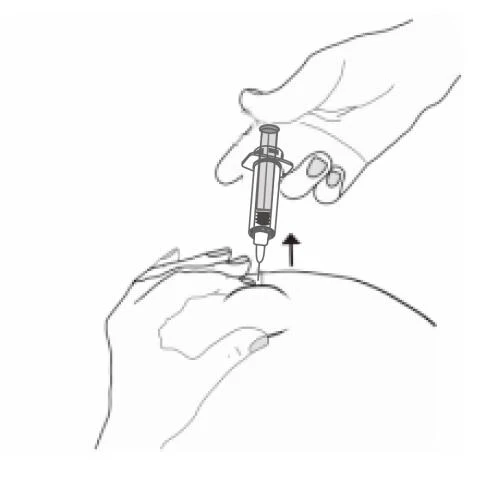 A hand holds a syringe injecting liquid into the arm of a person who is supporting the area of the
