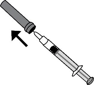 Schematic drawing of a syringe with a black arrow indicating the