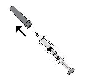 Diagram showing a syringe with needle being inserted into a cylindrical vial via a black arrow indicating the downward movement toward the