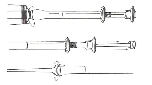 Three technical drawings in black and white showing the different parts and operation of a medical syringe with plunger and cylindrical barrel