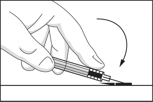 One hand holds an injection pen tilted downward, rotating it in the direction of a curved arrow toward a flat surface