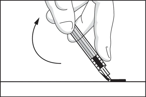 One hand holds an injection pen tilted toward a flat surface, with a curved arrow indicating a rotational movement toward the
