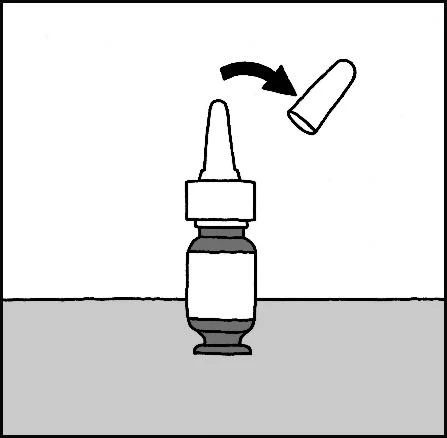 Schematic drawing of a bottle with a dropper and a black arrow indicating removal of the top cap