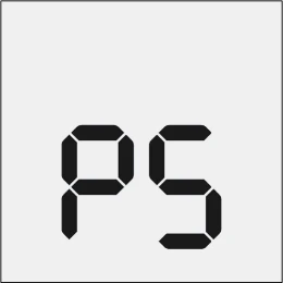 Black segmented digital-style letters spelling 'PS' on a uniform light gray background