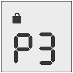 Black lock symbol in the upper left corner above the digital text 'P3' composed of black segments on a light gray background