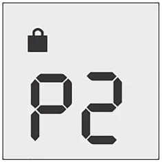Black lock icon in the upper left corner and the segmented digital text 'P2' centered on a light gray background