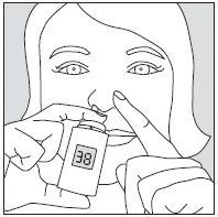 Line drawing of a person holding a bottle with the number 38 near the mouth and touching the nose with the other hand