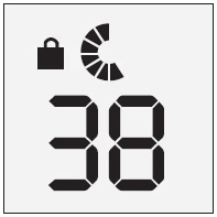 Black icon on gray background showing a bag symbol next to a semicircular graph and the digital number 38 below