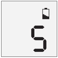 Black icon on white background showing a nearly depleted battery symbol above the stylized digital number 5