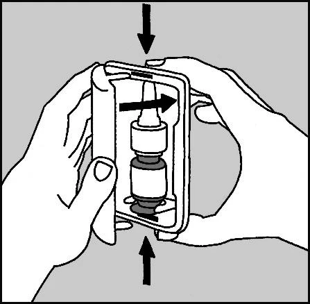 Two hands holding a medical device with black arrows indicating inward pressure