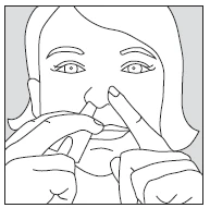 Line drawing of a person inserting a nasal applicator into the right nostril using thumb and index finger