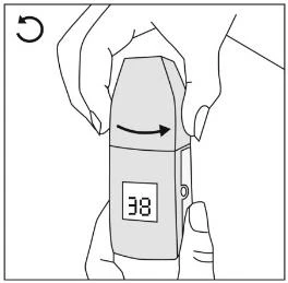 Two hands holding a cylindrical medical device with a digital display showing 38 and a curved arrow indicating clockwise rotation