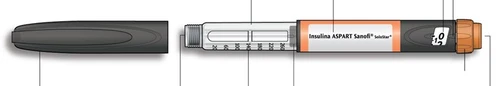 Pluma para insulina con cuerpo transparente graduado, etiqueta naranja con la inscripción Insulina ASPART Sanofi SoloStar y tapón negro a la izquierda