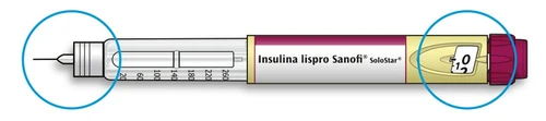 Długopis insulinowy Sanofi SoloStar z igłą po lewej stronie i wskaźnikiem dawki ustawionym na 12 jednostek po prawej, oznaczone niebieskimi kołami