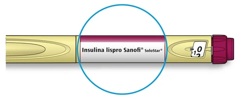 Długopis insulinowy SoloStar z białą etykietą zawierającą napis Insulina lispro Sanofi na walcowatym korpusie kremowym i bordowym