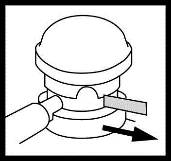 Disegno tecnico che mostra l'apertura di un contenitore cilindrico tramite una leva laterale indicata da una freccia nera verso destra