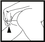 Disegno lineare di una mano che tiene un dispositivo medico per l'iniezione sottocutanea sulla parte superiore della coscia di una persona