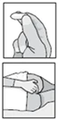Disegno in bianco e nero che mostra una mano che preme sulla parte superiore di un ginocchio e una mano che massaggia la zona articolare