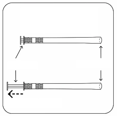 Diagram with arrows indicating the rotational movement of a cylindrical medical device from a horizontal position to a slightly tilted one